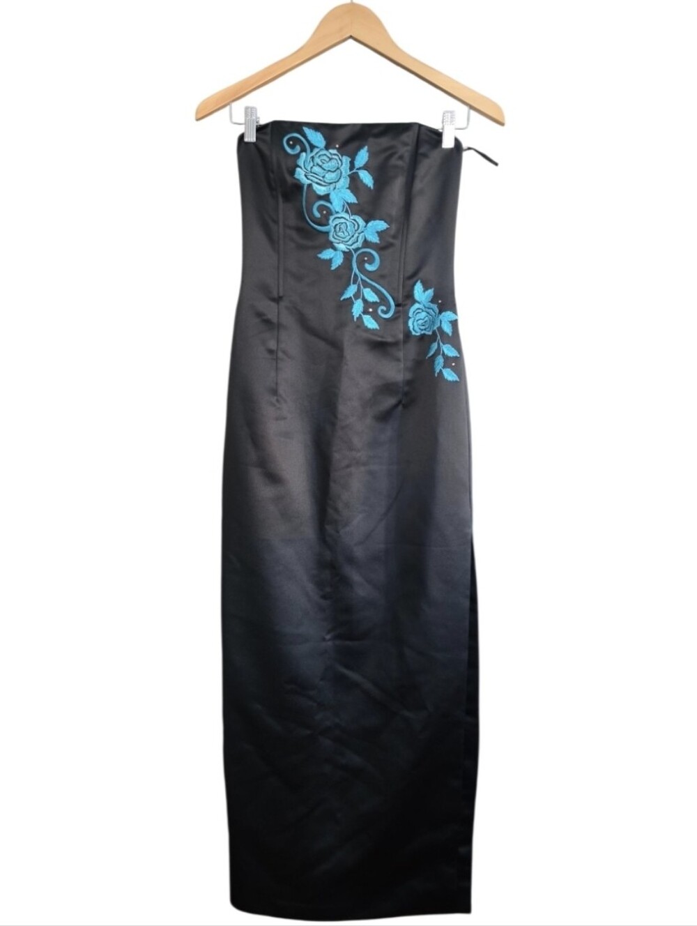 Jessica McClintock Black Strapless Gown with Turquoise Rose Embroidery